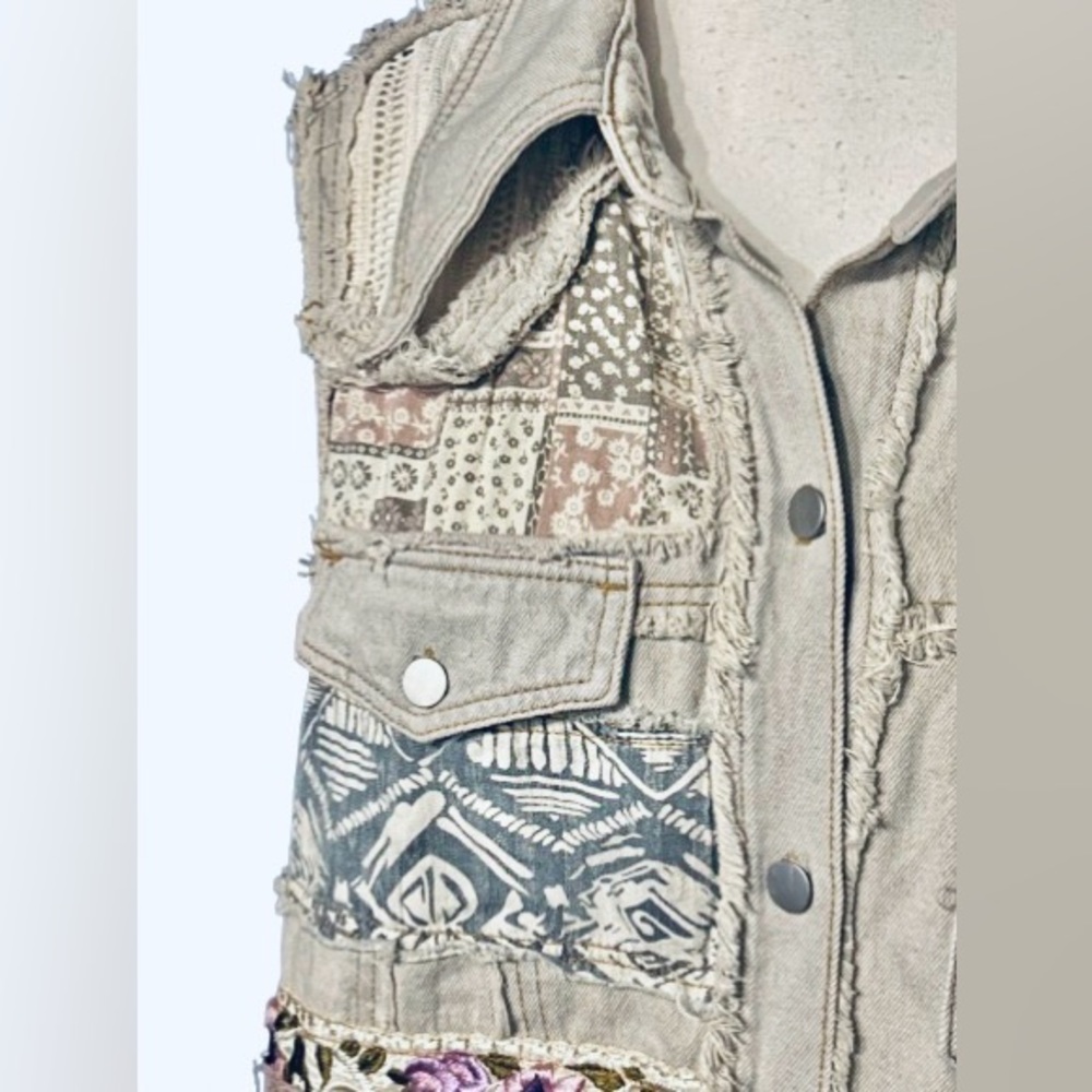 100% Cotton POL Patchwork Denim Dress Vest Boho Floral Embroidered Boho Cottage - Picture 4 of 16